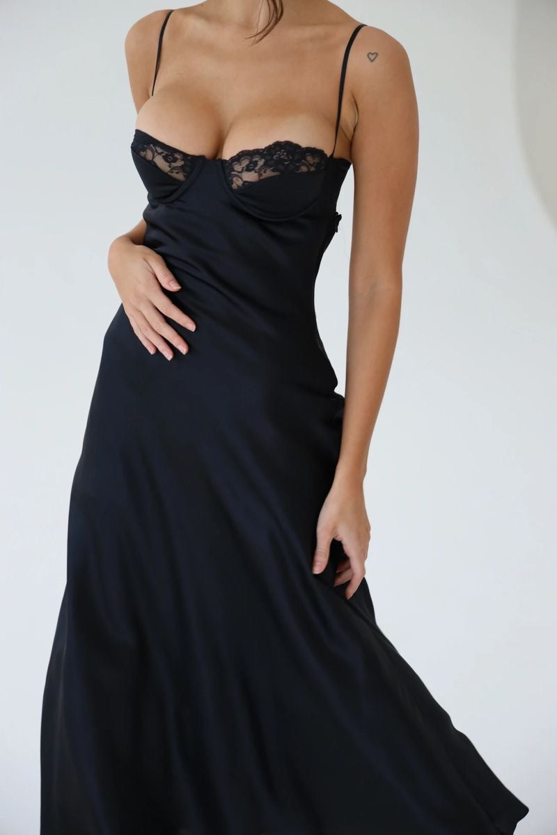 Red boned long satin nightgown midi length