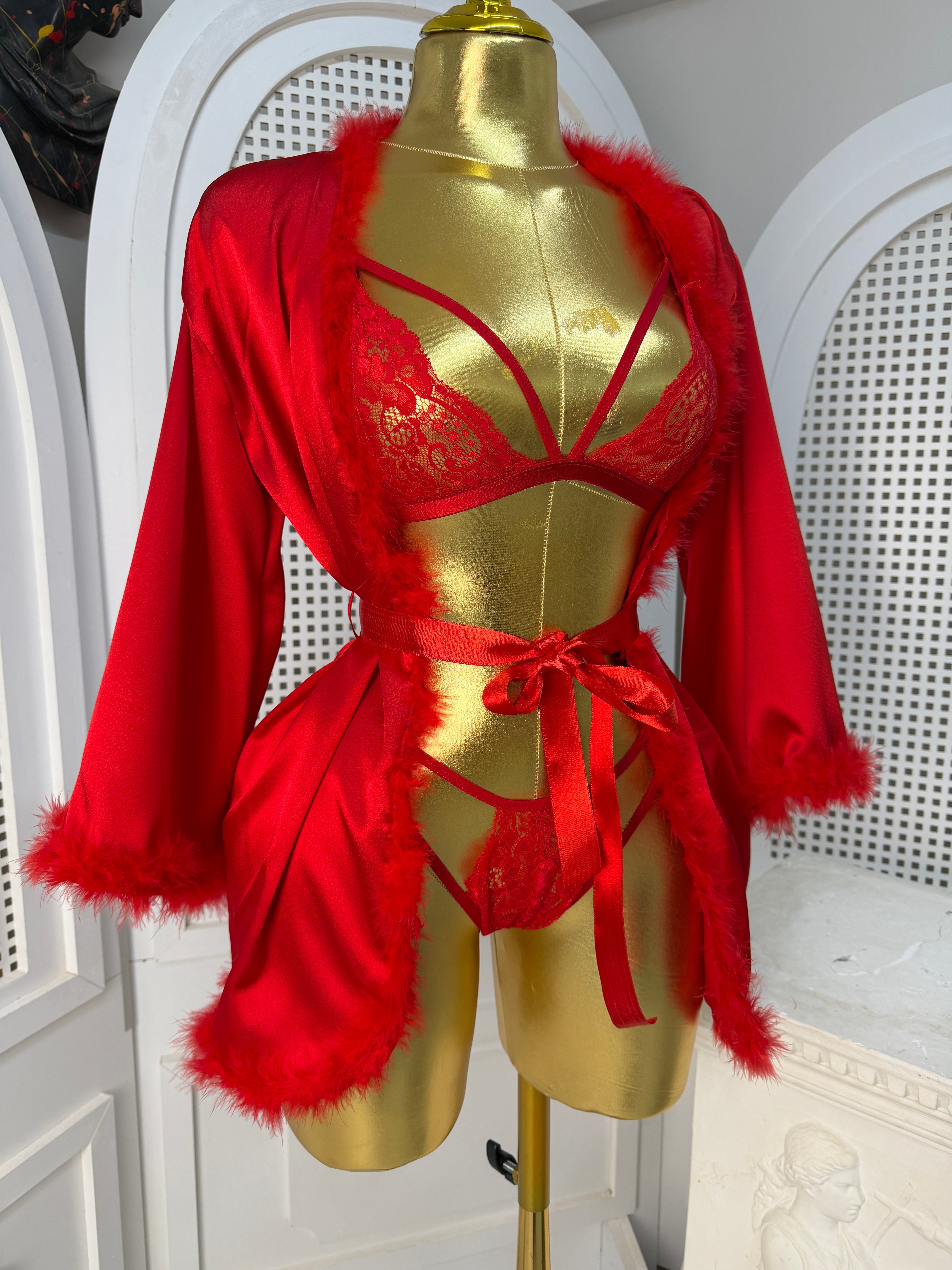 Red Luxury Satin Feather Robe & Lace Bra Set - 3 Piece