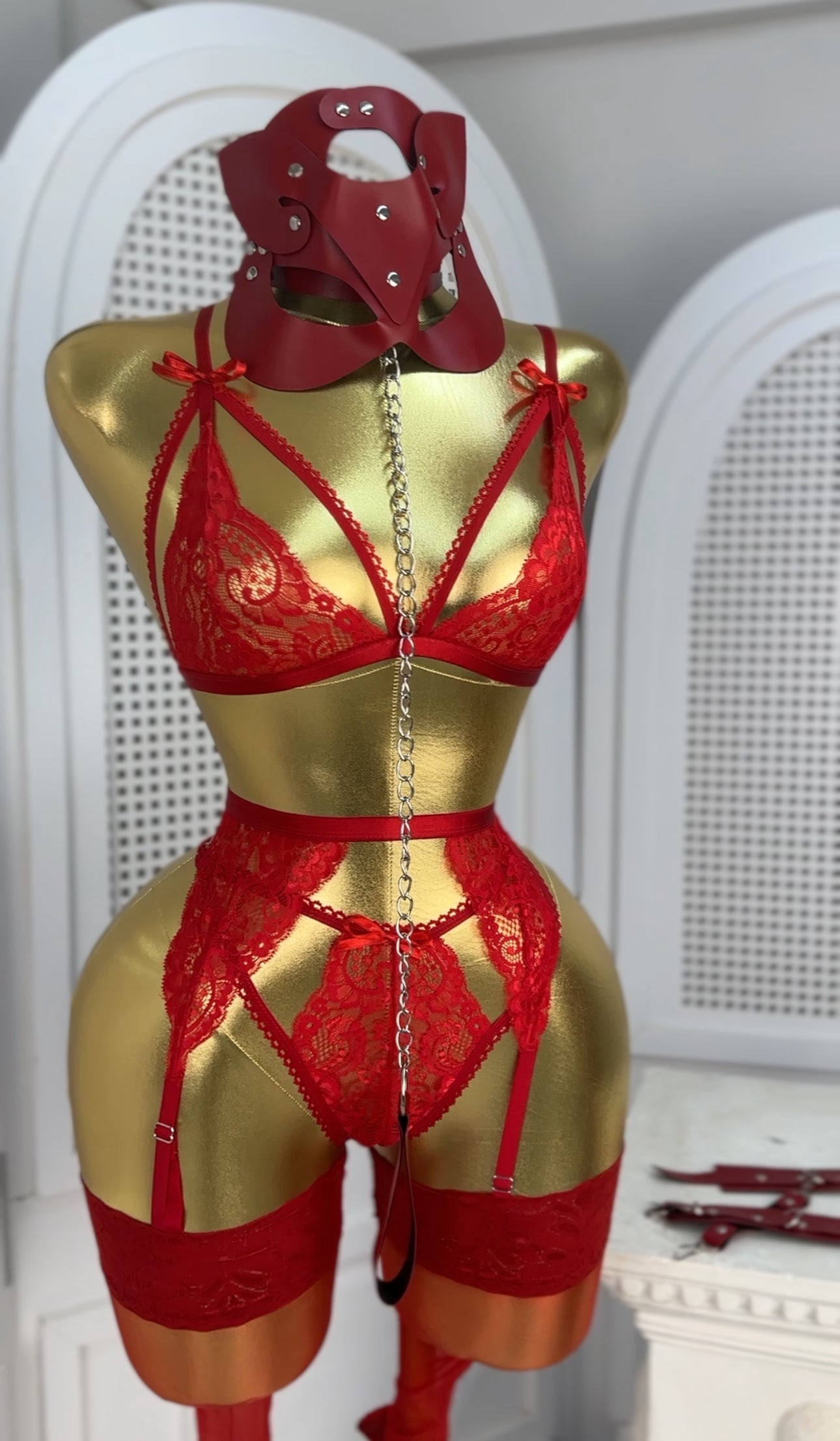 Red Lace Garter Set with Stockings - Romantic Lingerie
