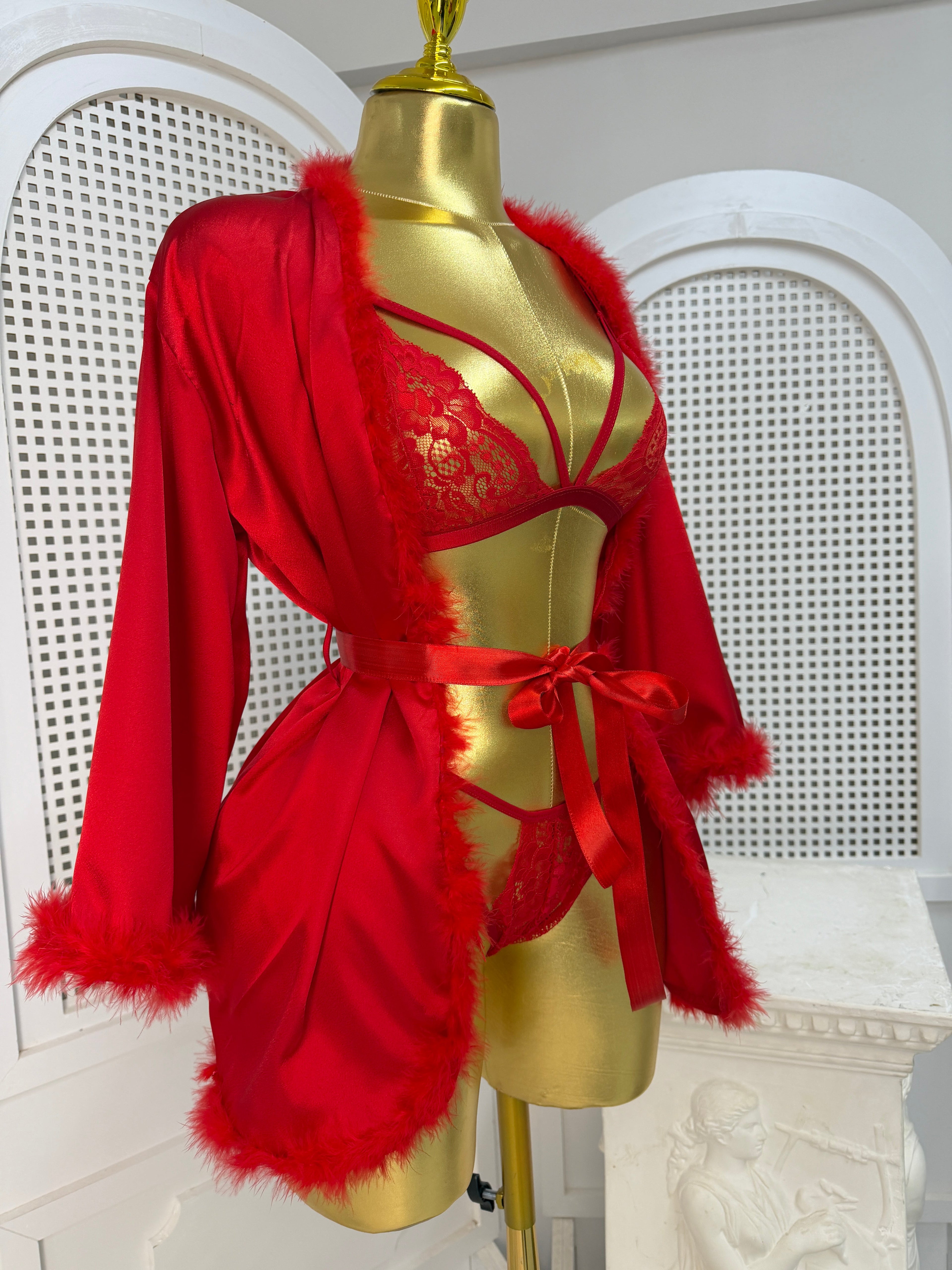 Red Luxury Satin Feathered Robe & Lace Bralette 3-Piece Set