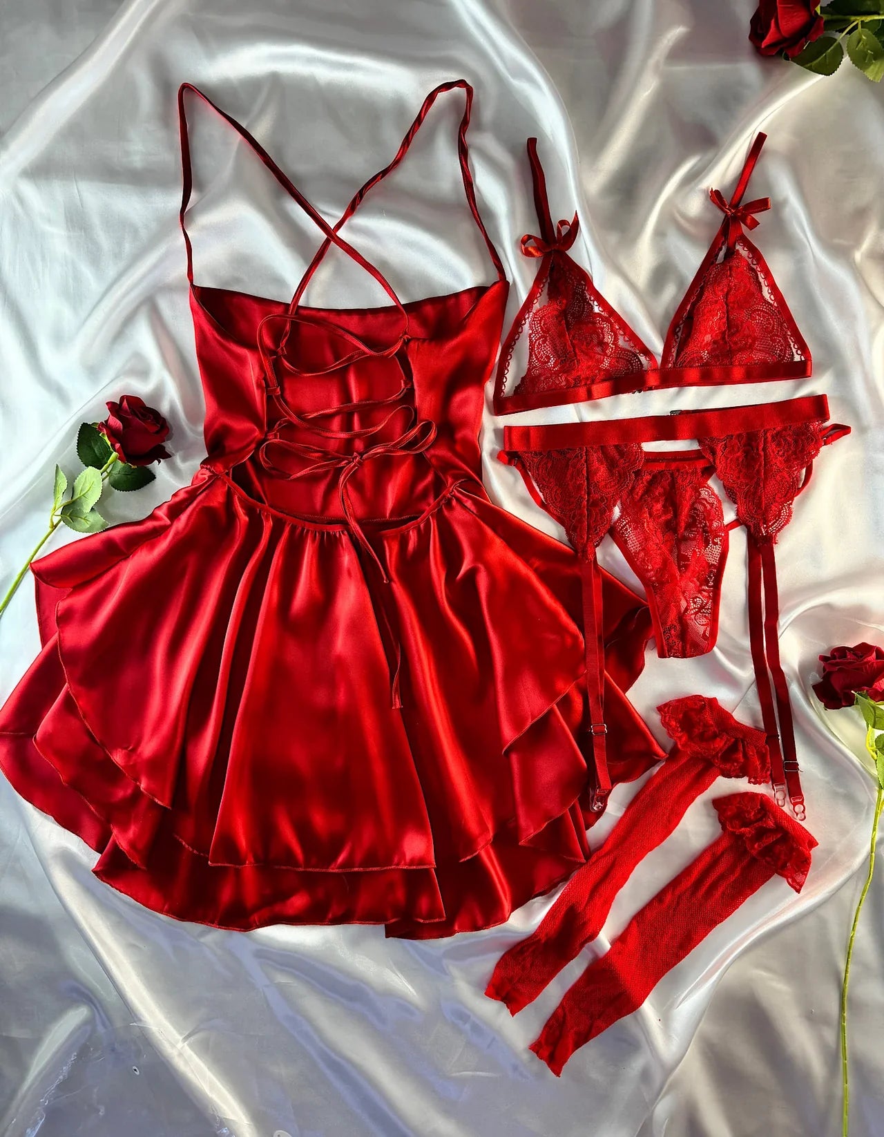 Red Ruffle Dress & Garter Set - Romantic Lingerie