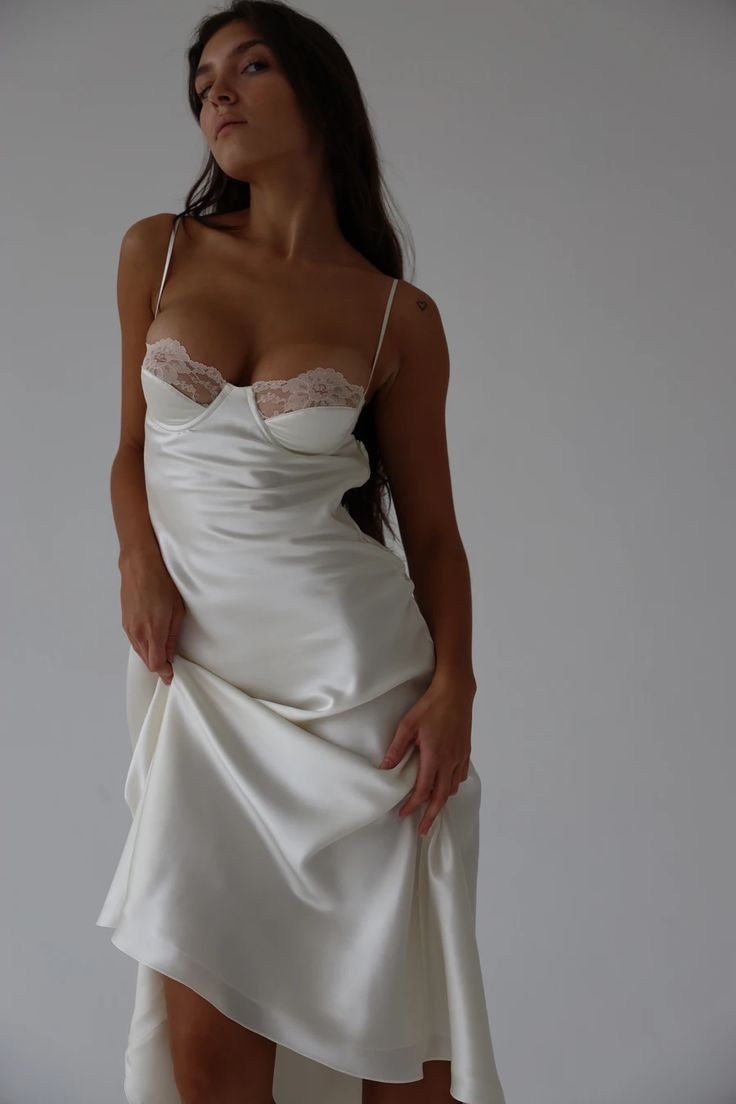 Red Boned Long Satin Nightgown - Midi Length