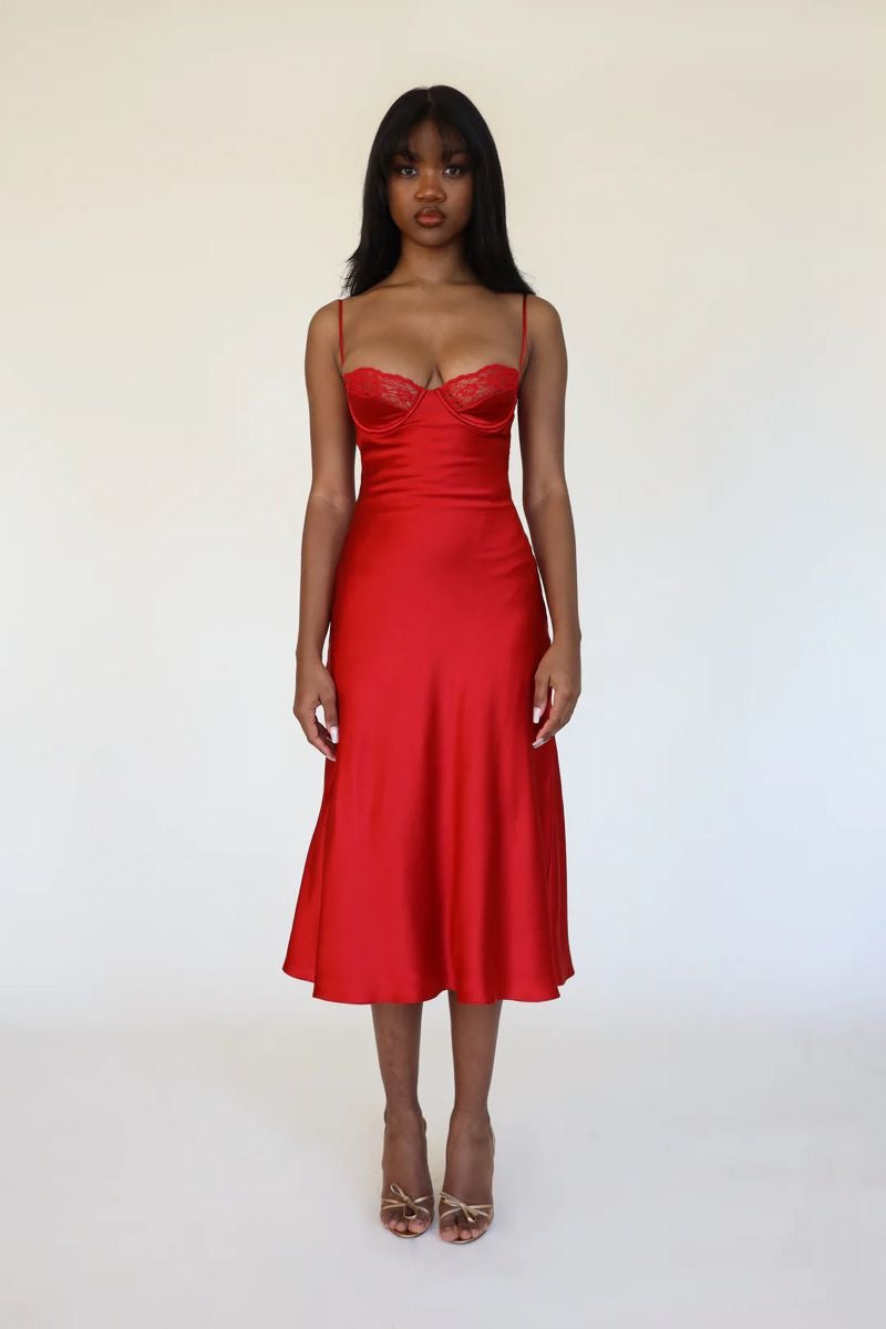 Red Boned Long Satin Nightgown - Midi Length