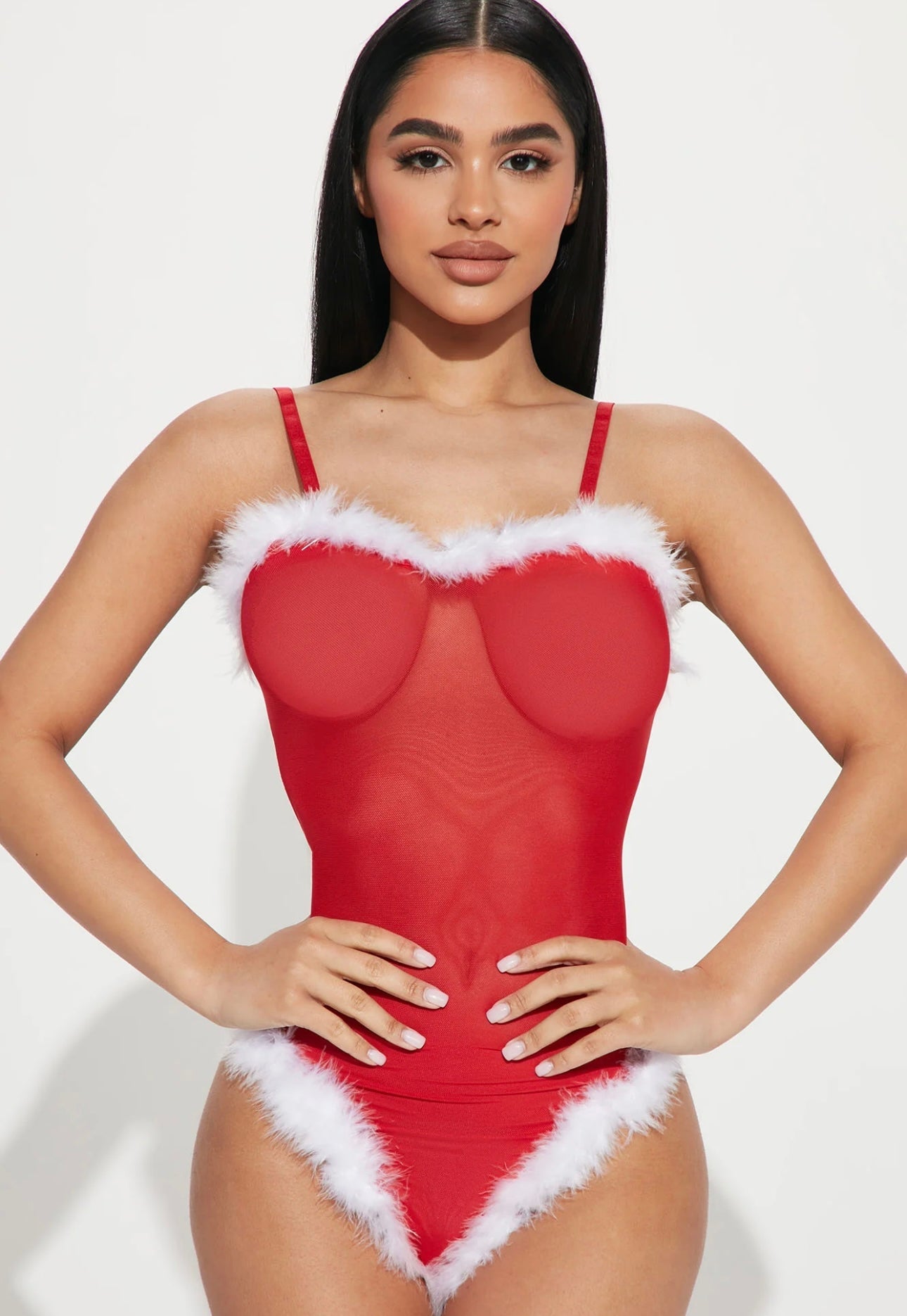 Red Feather Trim Sheer Bodysuit - Sexy Lingerie