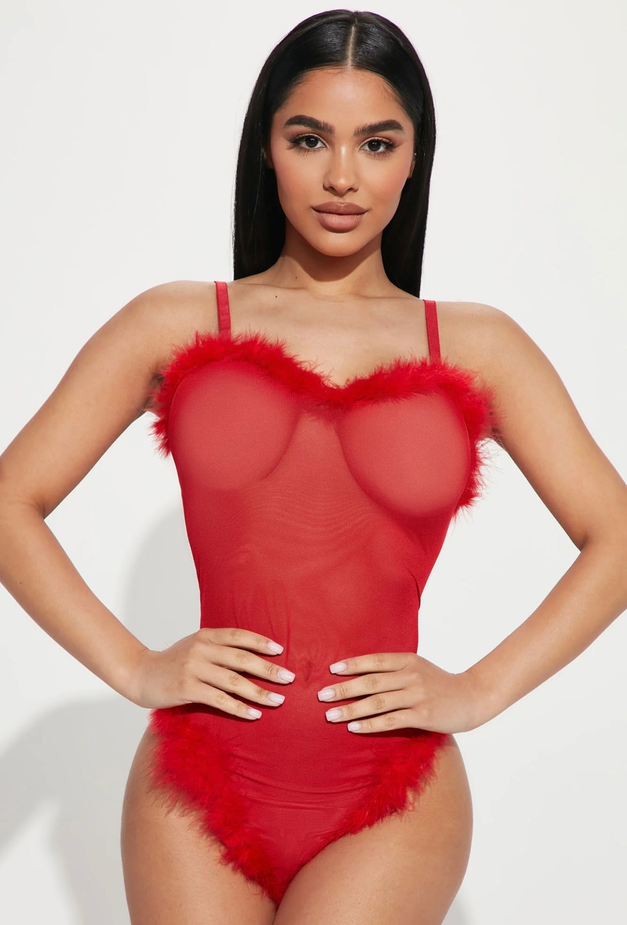 Red Feather Trim Sheer Bodysuit - Sexy Lingerie