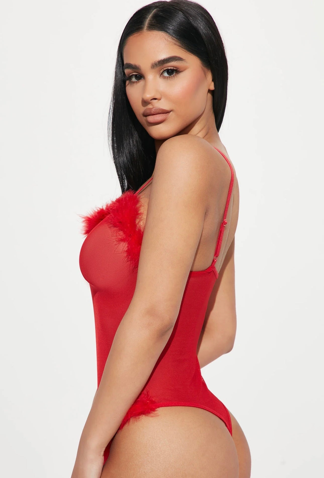 Red Feather Trim Sheer Bodysuit - Sexy Lingerie