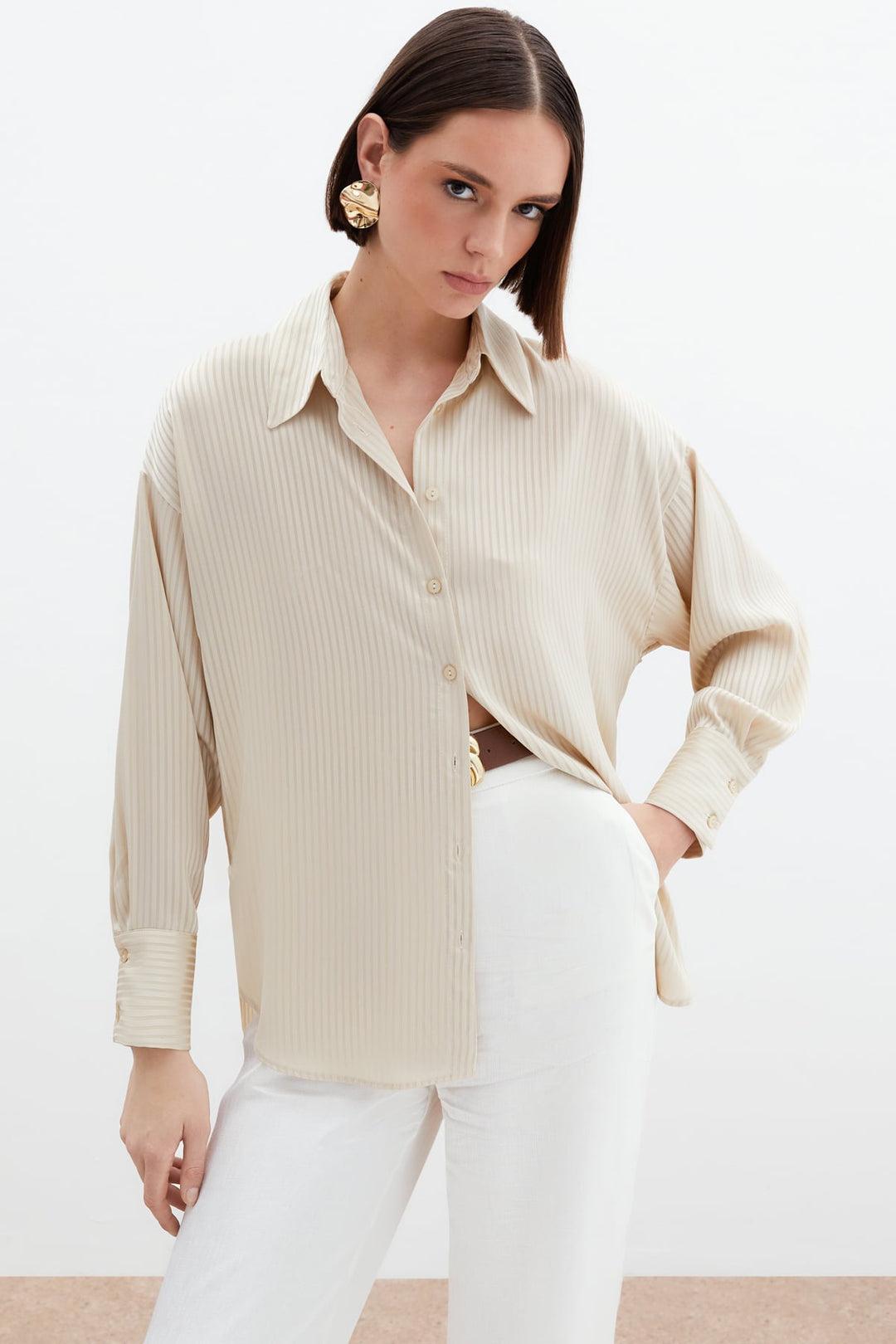 Kendinden Çizgi Desenli Gömlek - Bej