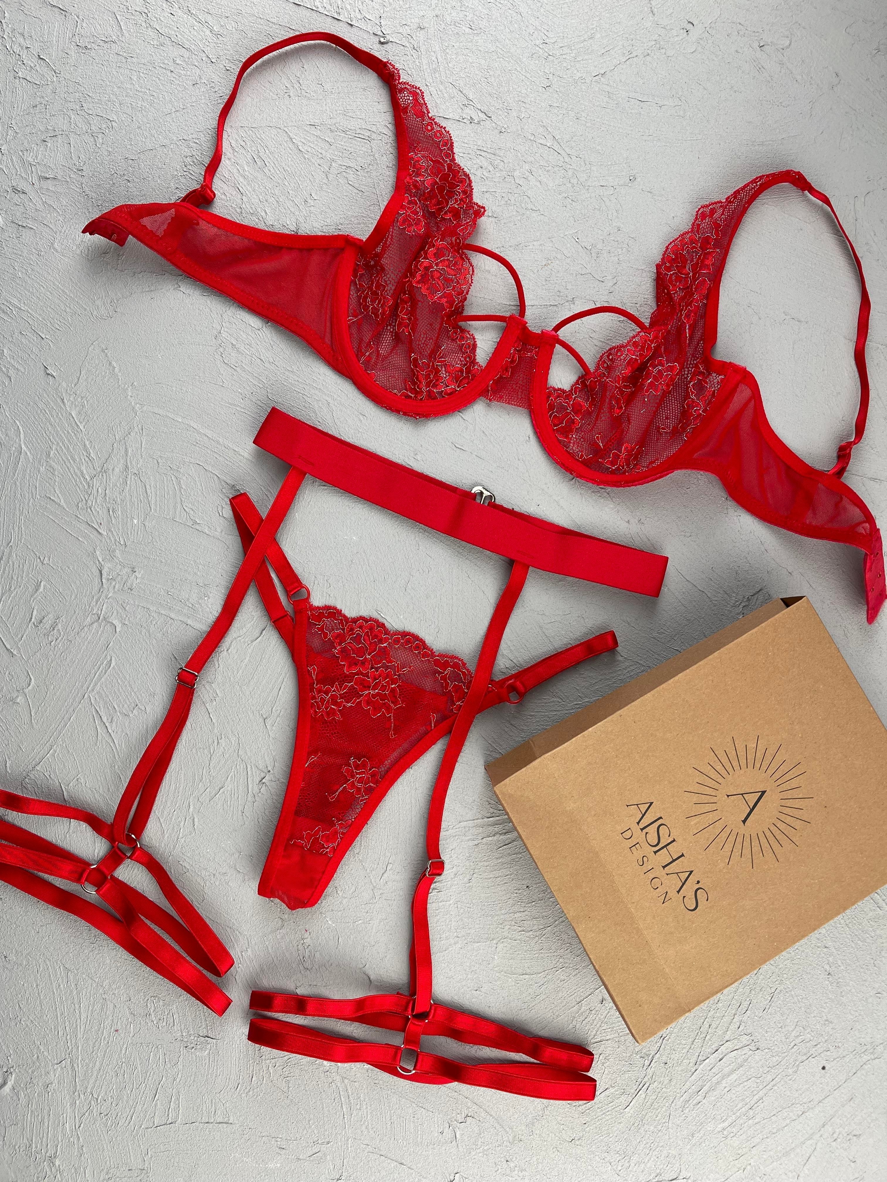 Red String Garter Set - Elegant Lingerie