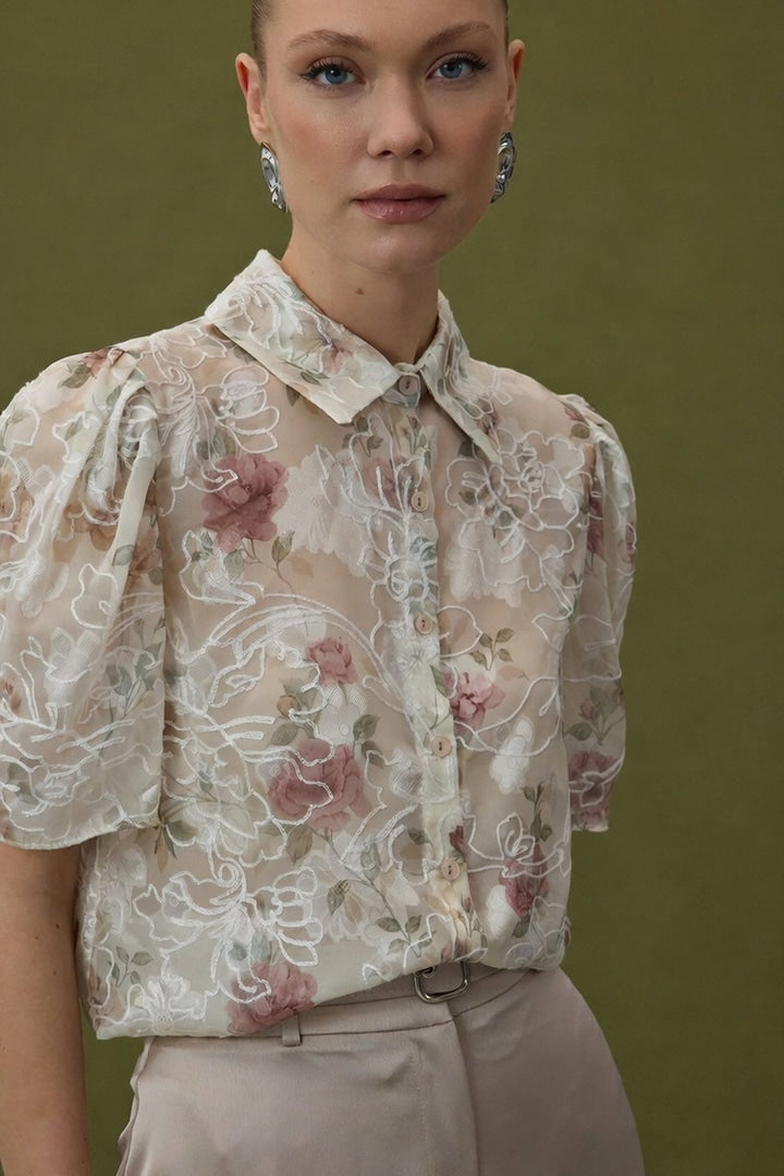 Embroidered Short Sleeve Shirt - Mink