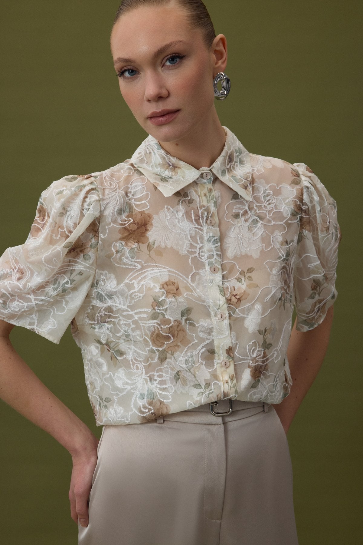 Embroidered Short Sleeve Shirt - Mink