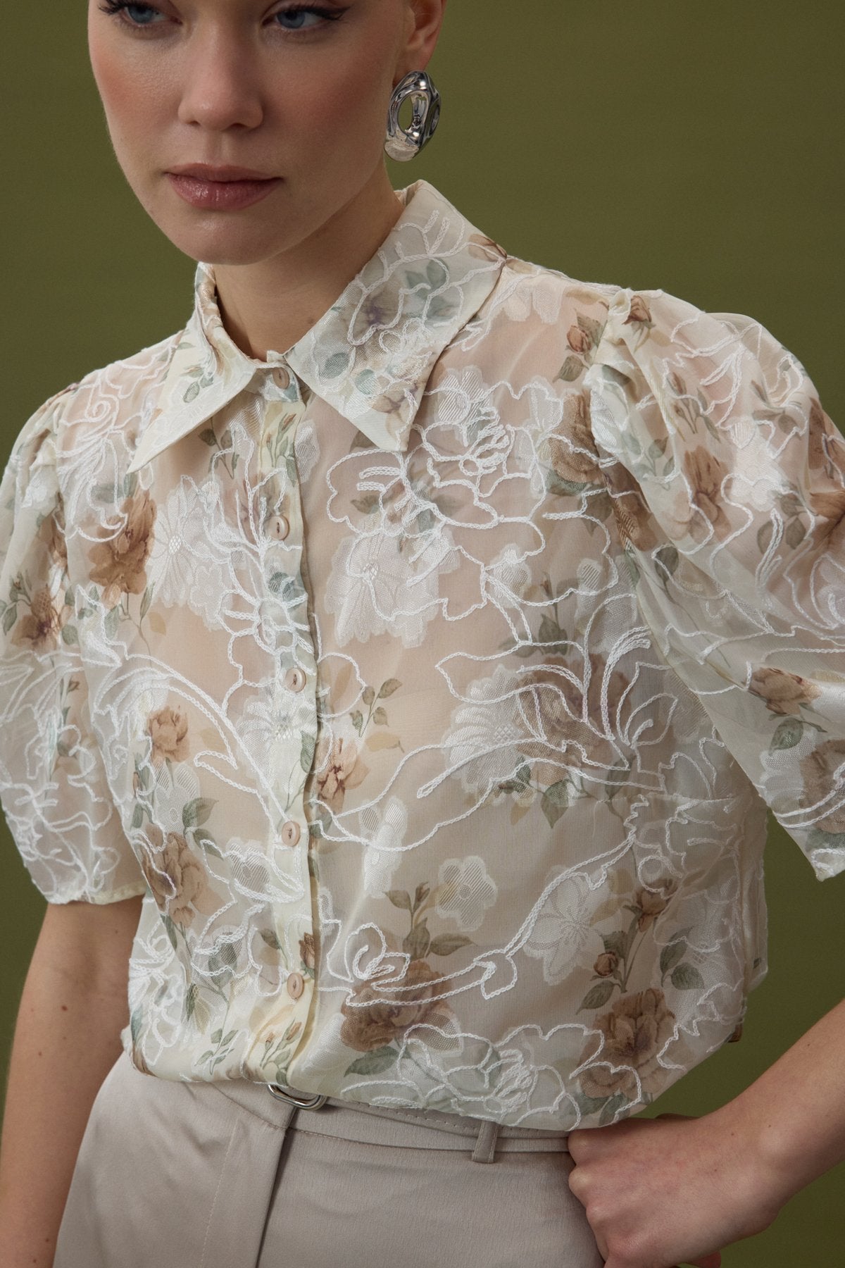 Embroidered Short Sleeve Shirt - Mink