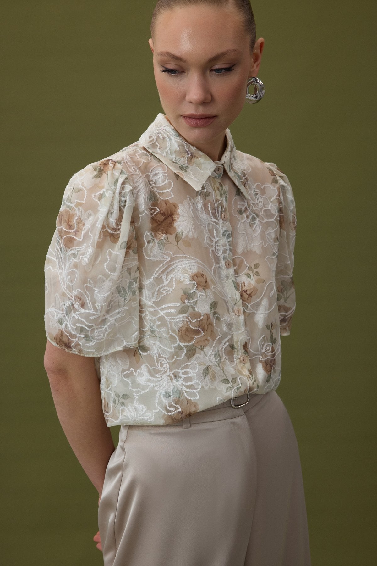 Embroidered Short Sleeve Shirt - Mink
