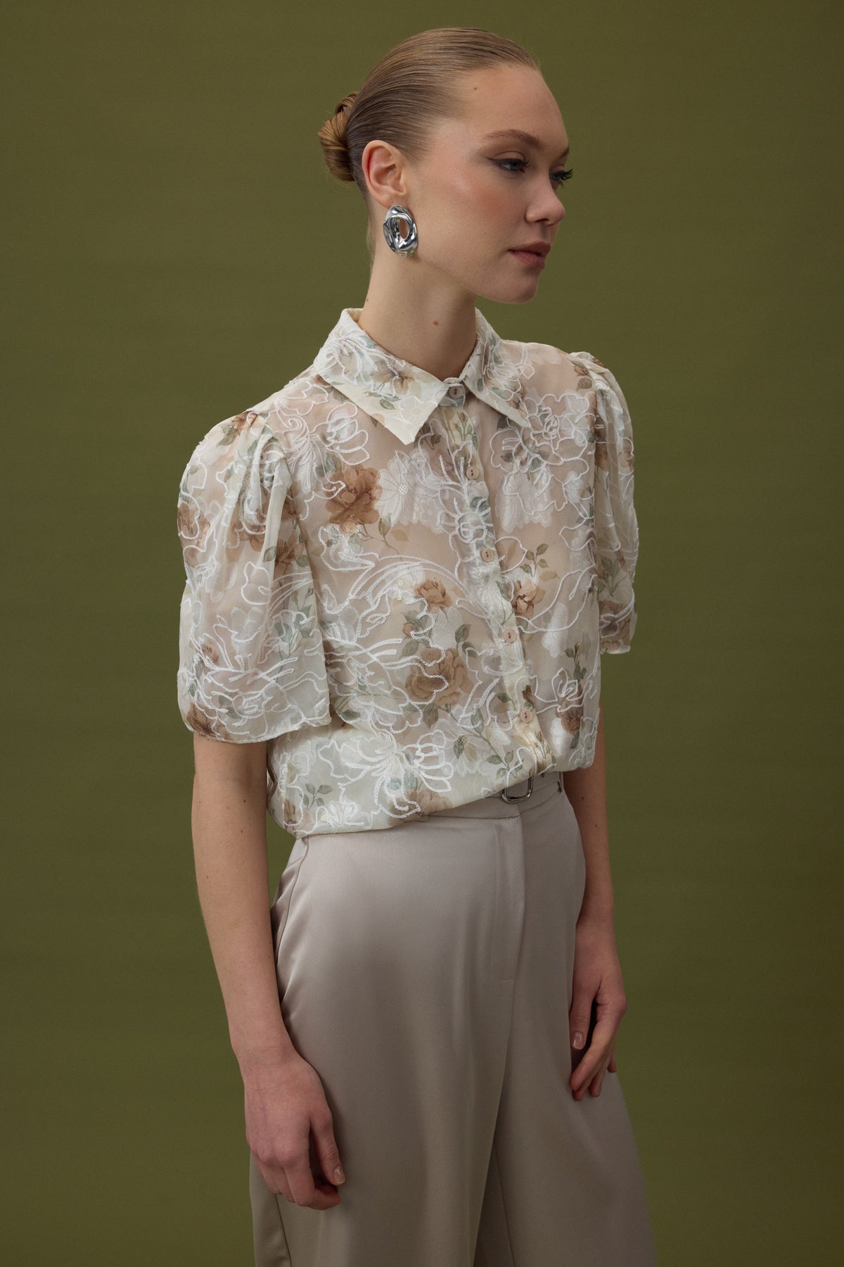 Embroidered Short Sleeve Shirt - Mink