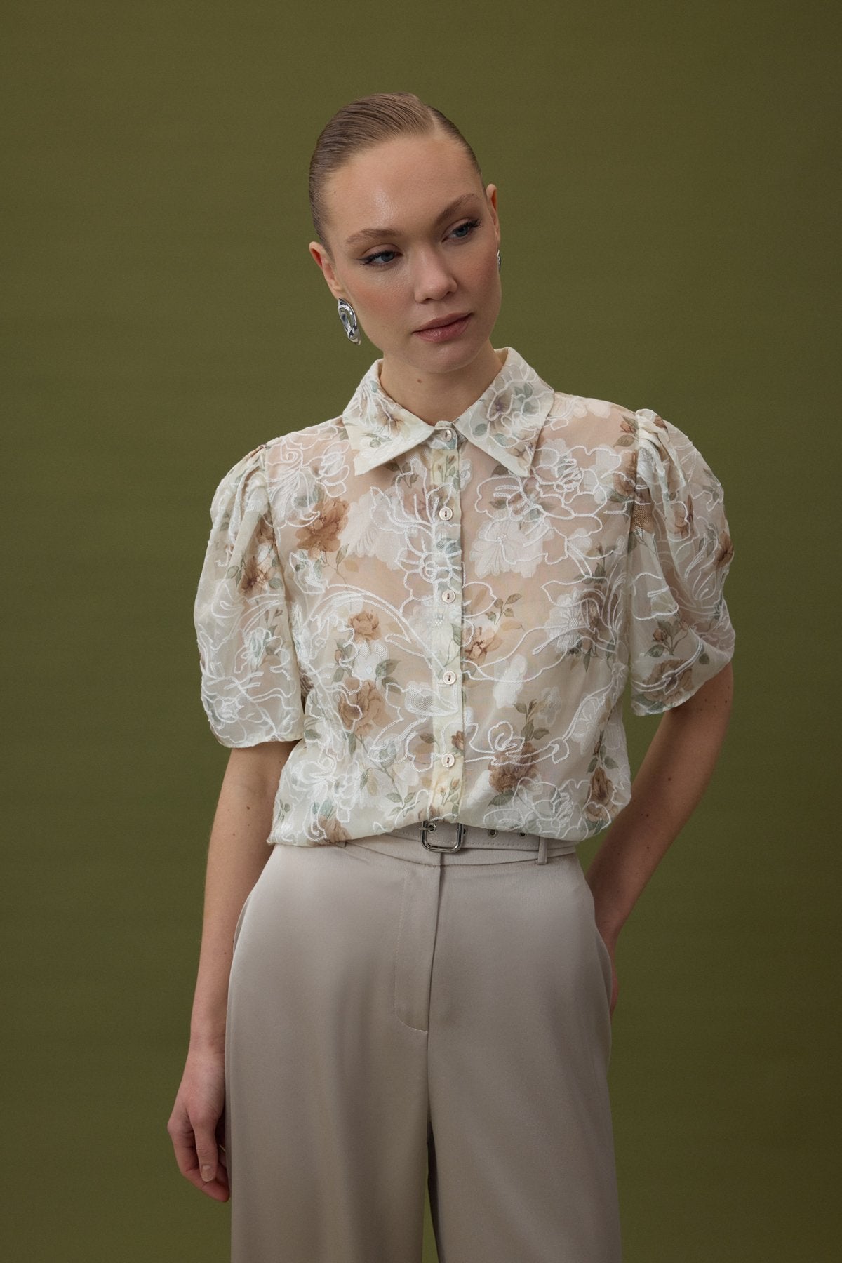 Embroidered Short Sleeve Shirt - Mink
