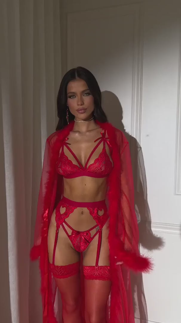 Red Lace Garter Set with Feather Robe - Luxury Lingerie