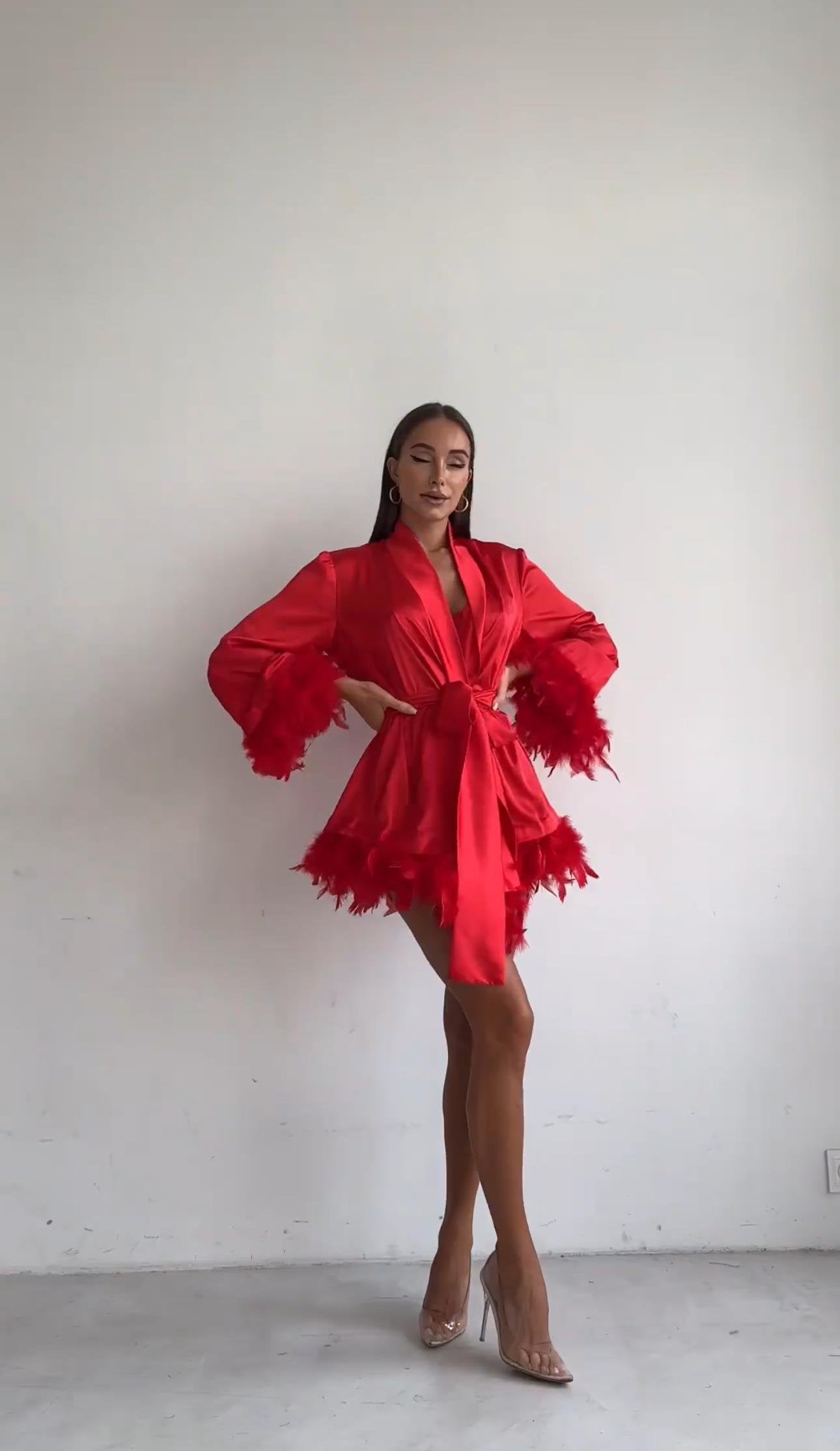 Fire Red Feathered Satin Robe & Gift Lingerie Set