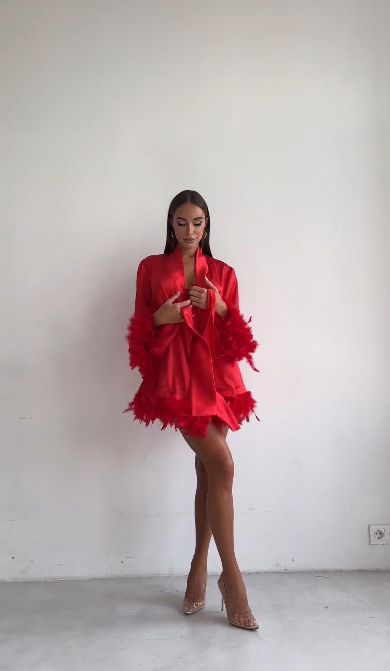 Fire Red Feathered Satin Robe & Gift Lingerie Set